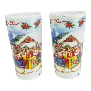 Trisa Melamine Tumbler Cup Set 2 Vintage 7" Christmas Holiday Snowman Village